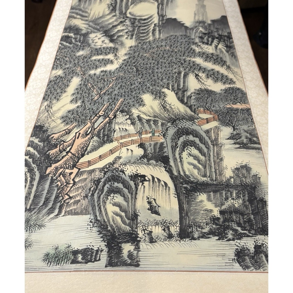 Chinese Oriental Landscape Hanging Scroll Ink Painting Silk Mount Wall Art - Picture 6 of 9